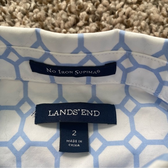Lands’ End Women’s No Iron Supima Blue & White Pattern Button Up Shirt Top Sz 2 - Picture 5 of 10